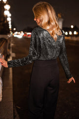 Black Sequin Mesh Long Sleeve Surplice Neck Bodysuit