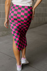 Pink Checkered Print Side Slit High Waist Midi Skirt