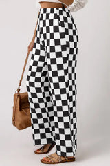 Black Checked Print High Waist Wide Leg Pants