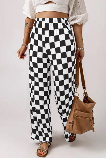 Black Checked Print High Waist Wide Leg Pants