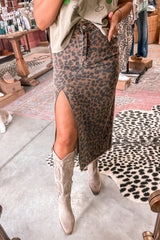 Brown Leopard Denim Frayed Split Denim Midi Skirt