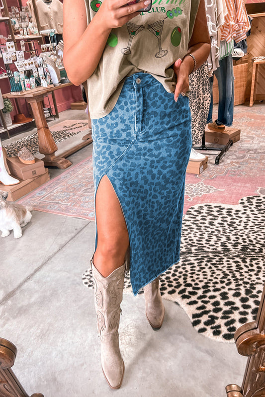 Blue Leopard Denim Frayed Split Denim Midi Skirt