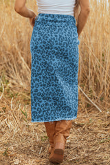 Blue Leopard Denim Frayed Split Denim Midi Skirt