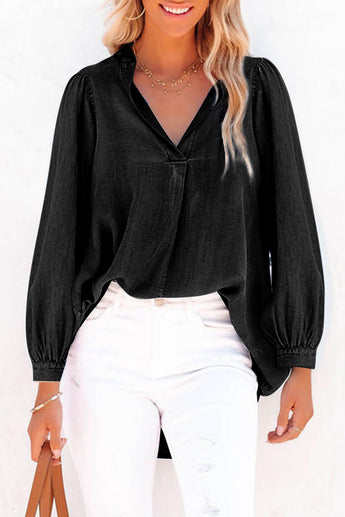 Black Split V-Neck Balloon Sleeve Ruched Denim Top