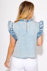 Beau Blue Ruffle Pleated Detail Vintage Washed Denim Top