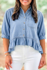 Blue Half Sleeve Button Down Ruffled High Low Chambray Shirt