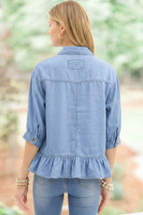 Blue Half Sleeve Button Down Ruffled High Low Chambray Shirt