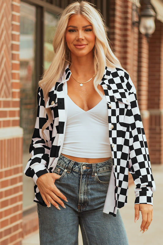 Black Checkerboard Flap Pocket Button Front Shacket