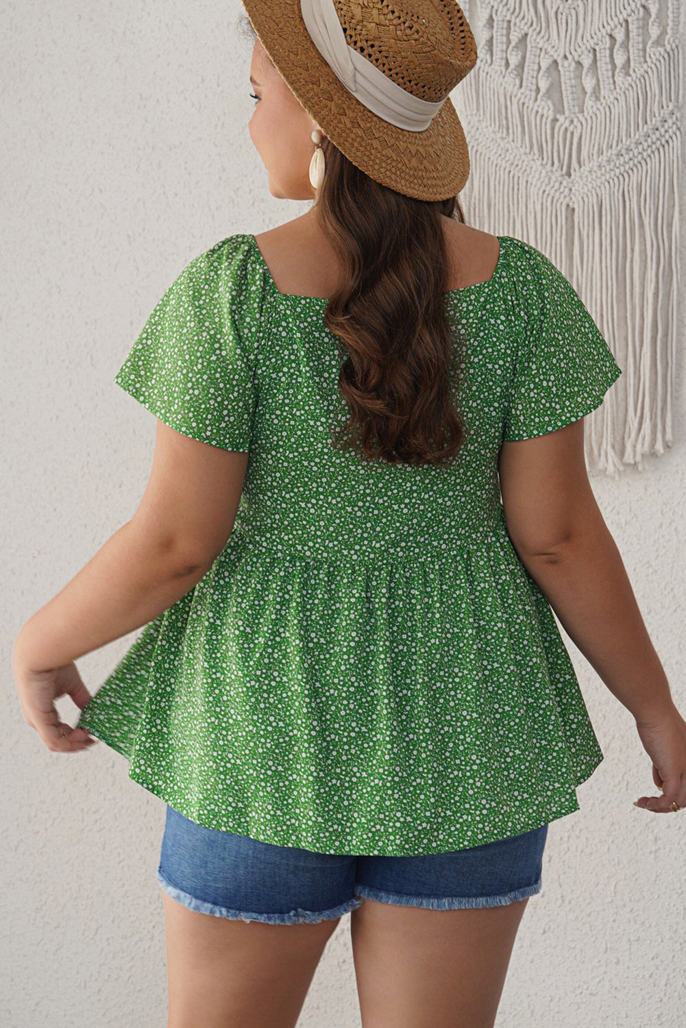 Green Plus Size Floral Peplum Top