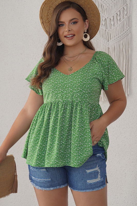 Green Plus Size Floral Peplum Top