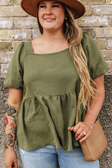 Jungle Green Solid Short Sleeve Square Neck Plus Babydoll Top