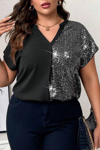 Black Plus Size Sequined Patchwork V Neck Tee