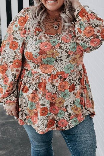 Floral Plus Size Flower Print Square Neck Peplum Blouse