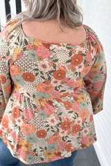 Floral Plus Size Flower Print Square Neck Peplum Blouse