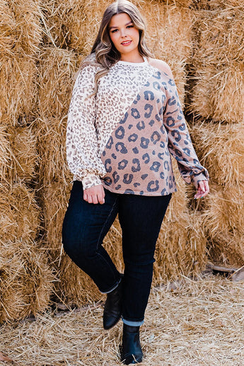 Leopard Plus Size Leopard Color Block Asymmetrical Cold Shoulder Top