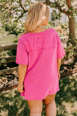 Pink Solid Color Drop Shoulder Side Split T Shirt