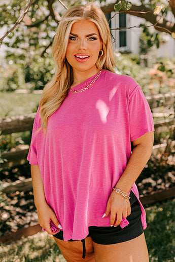 Pink Solid Color Drop Shoulder Side Split T Shirt