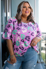 Purple Leopard Kiss Print Plus Size Short Sleeve Tee