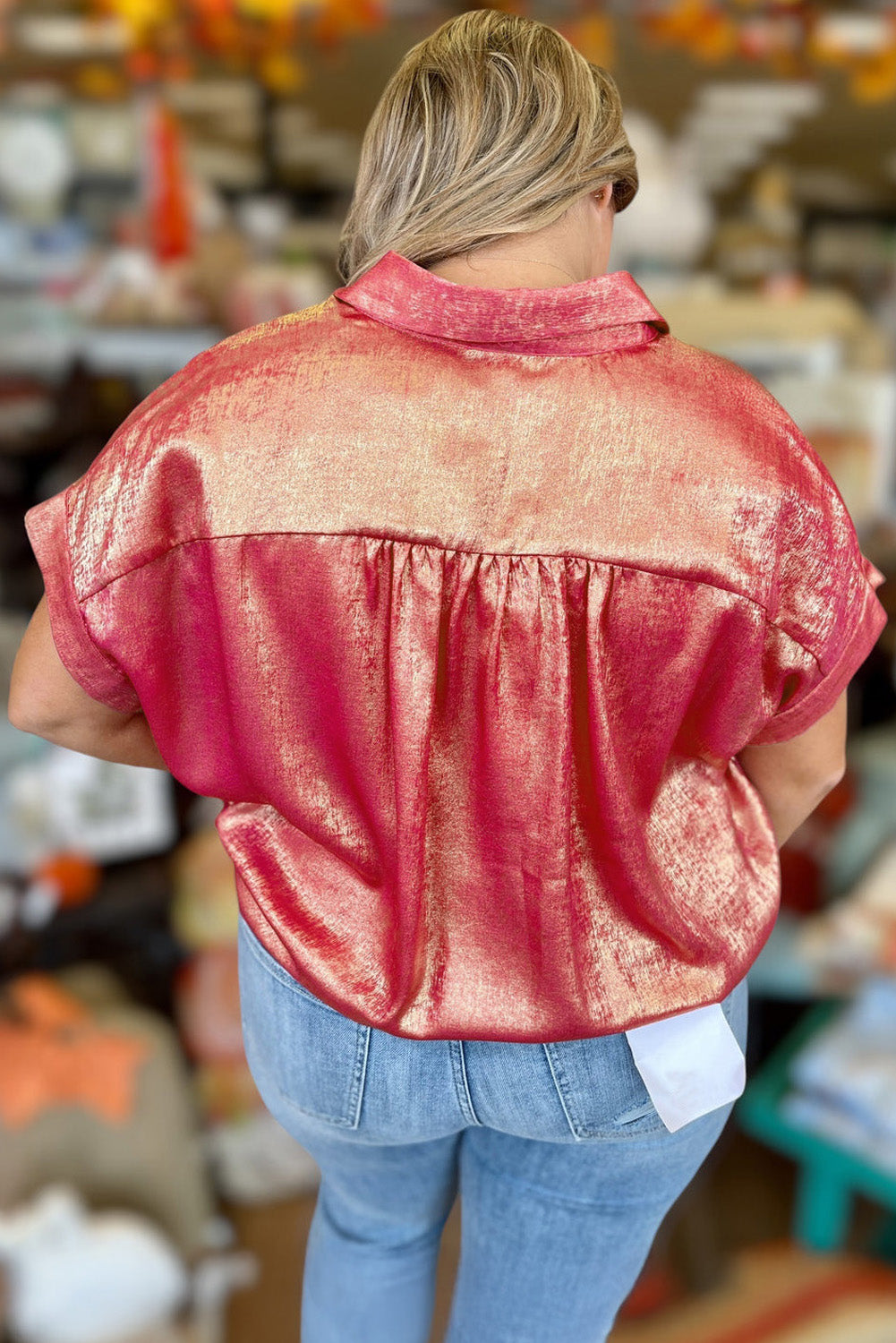 Metallic Sheen Short Sleeve Button Up Shirt