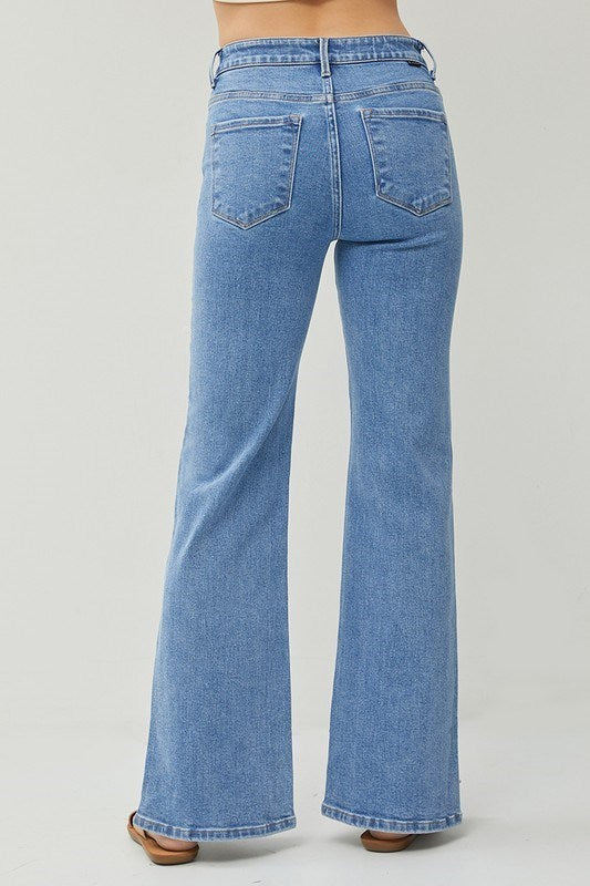 MID RISE CROSS OVER SIDE SLIT STRAIGHT JEANS