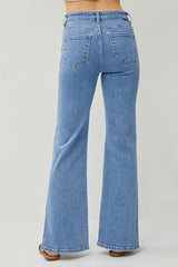 MID RISE CROSS OVER SIDE SLIT STRAIGHT JEANS