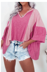 Bright Pink Textured Colorblock 3/4 Sleeve Oversize Top