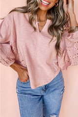 Light Pink Keyhole Notch V Neck Batwing Sleeve Blouse