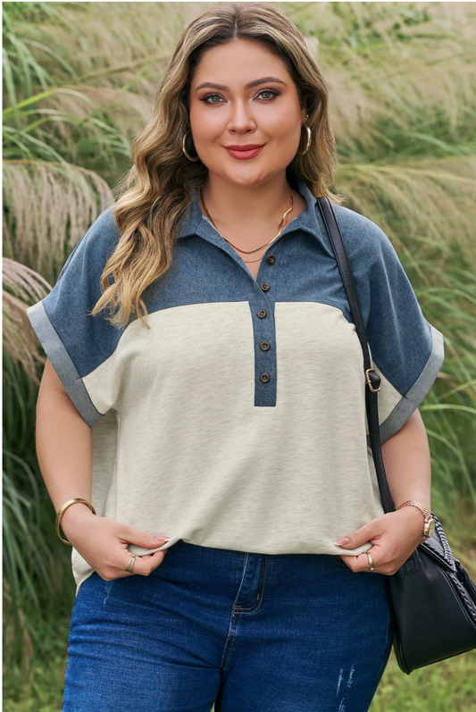 Light Grey Half Buttons Collared Denim Patchwork Plus Short Sleeve Top
