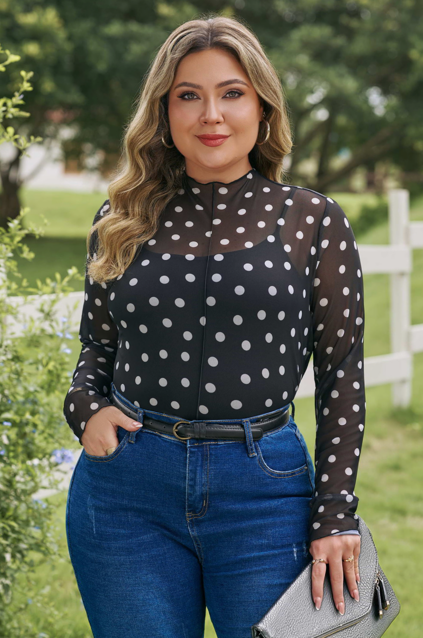 Black Plus Size Mock Neck Polka Dot Long Sleeve Mesh Top
