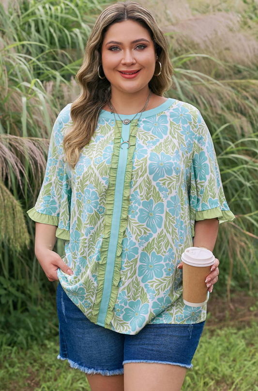 Sky Blue Plus Size Floral Print Frilled Color Block Trim Short Sleeve Blouse
