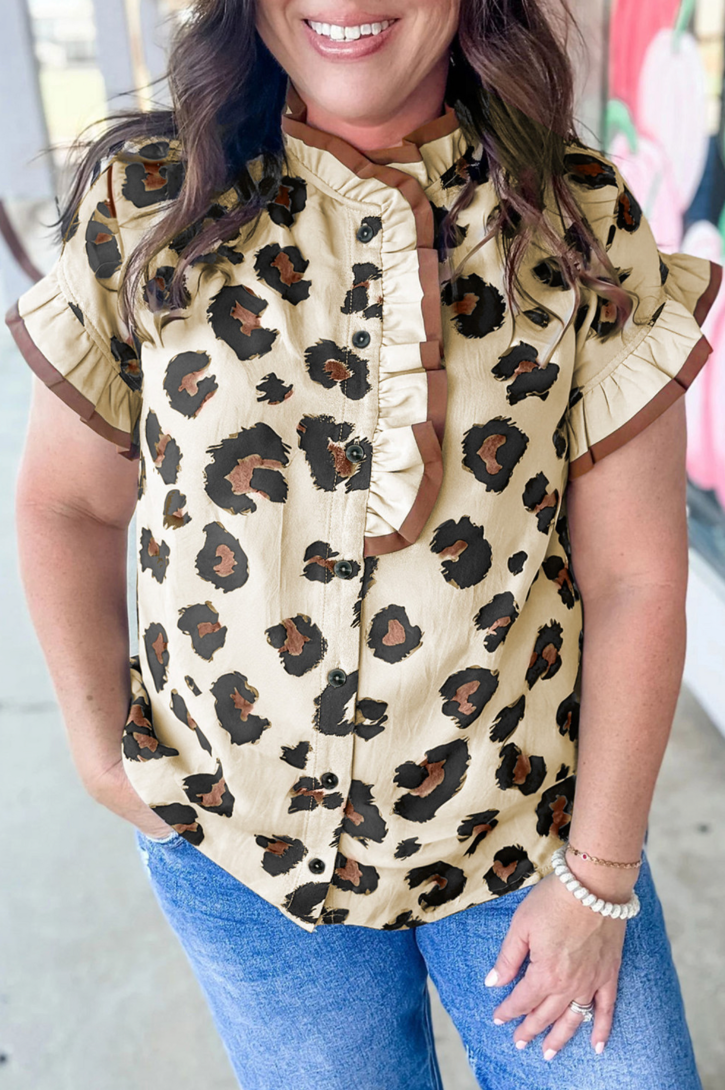Khaki Plus Size Leopard Print Frilled Color Block Trim Button Down Short Sleeve Blouse