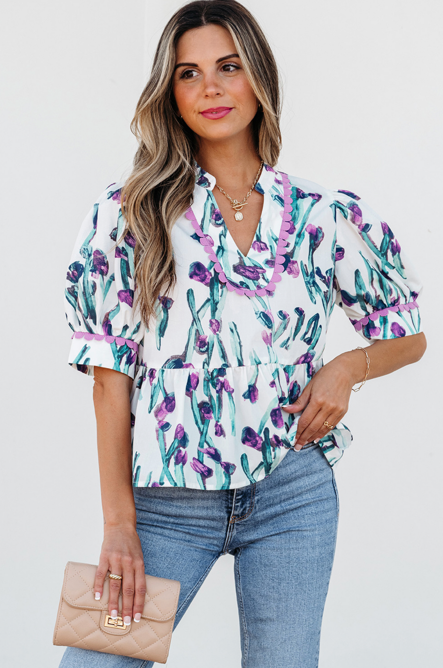 Purple Floral Ricrac Trim Half Sleeve Peplum Top