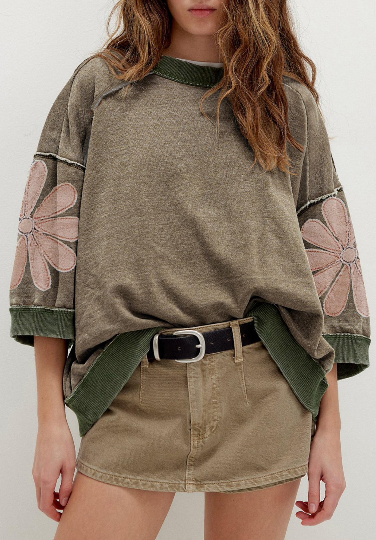 Breen Mineral Wash Raw Seam Patchwork Flower Patched 3/4 Sleeve Oversize Top