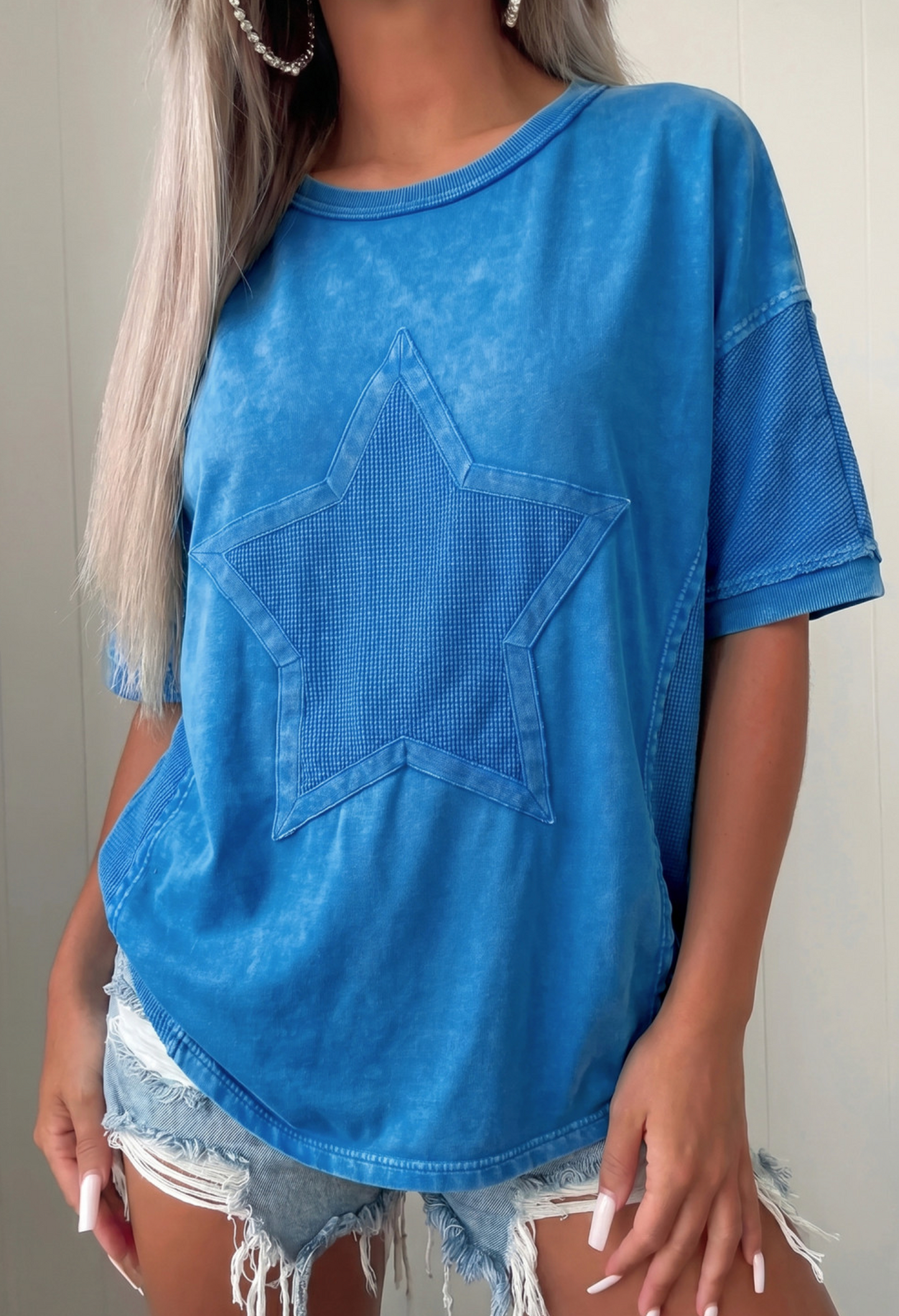 Blue Mineral Wash Star Mesh Patchwork Oversize Tee