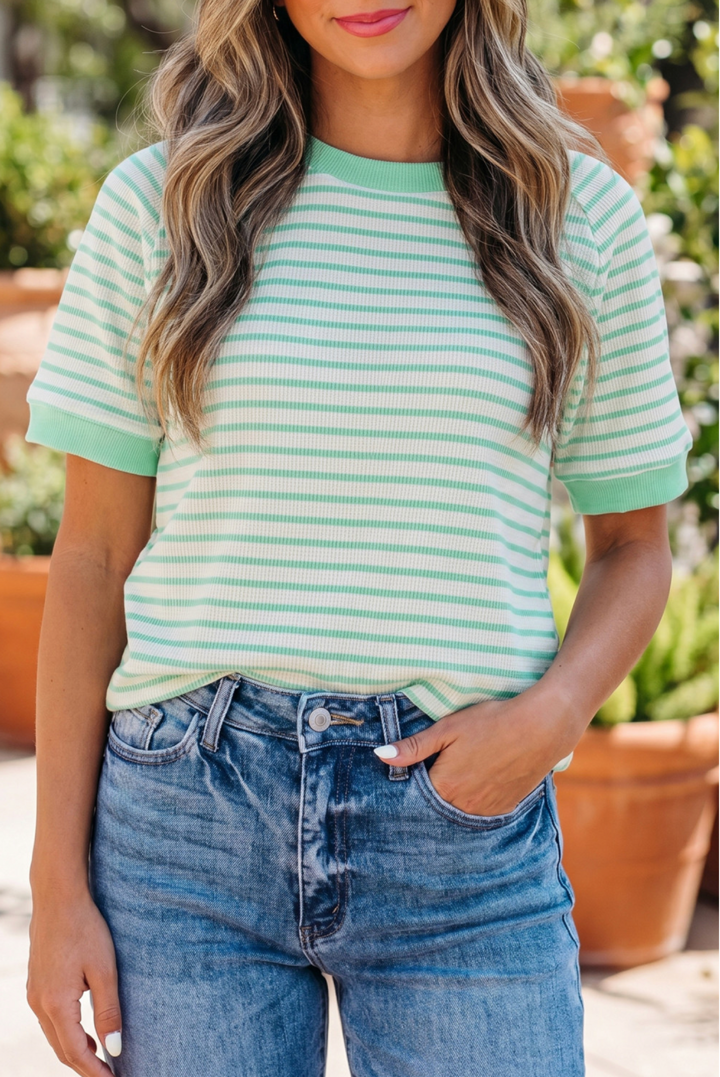 Green Stripe Colorblock Trim Round Neck Short Sleeve Tee
