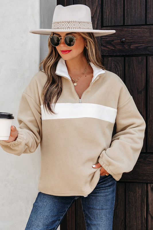 Parchment Fleece Colorblock Patchwork Zipped Neck Pullover Sweatshirt