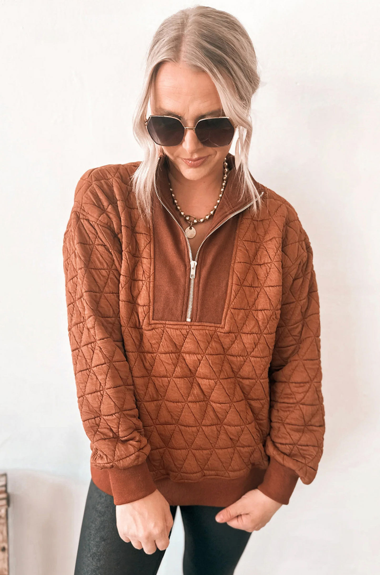 Straw Yellow Geometric Quilted Half Zipped Loose Sweatshirt