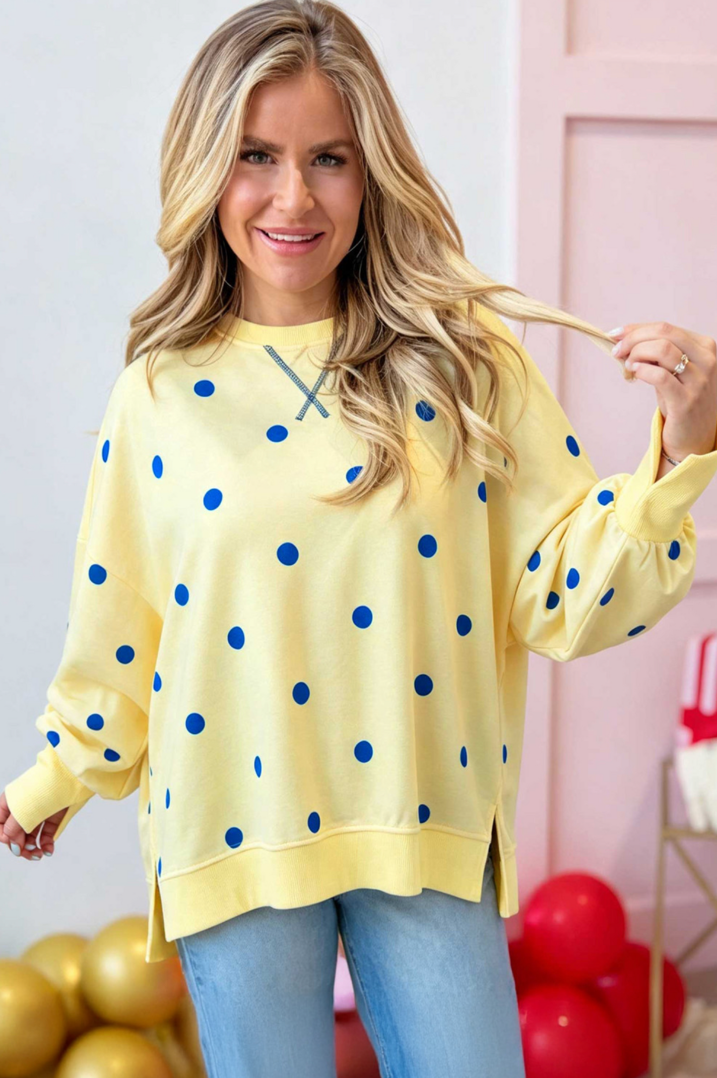 Yellow Polka Dot Loose Long Sleeve Split Hem Pullover Top