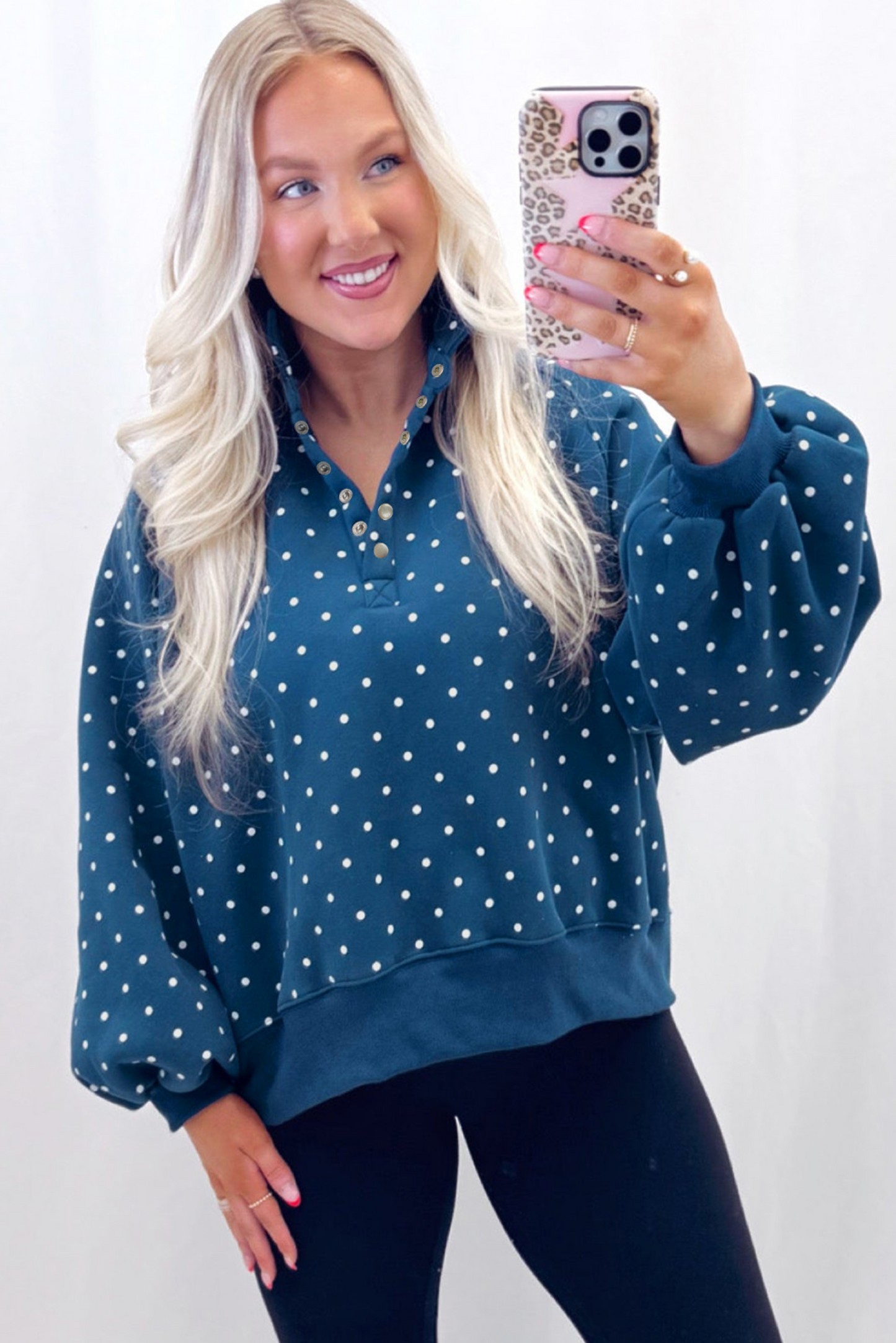 Blue Polka Dot Print Metal Button Collar Casual Pullover Sweatshirt