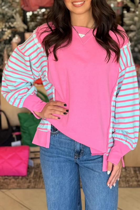 Rose Stripe Color Block Patchwork Relaxed Split Long Sleeve Top