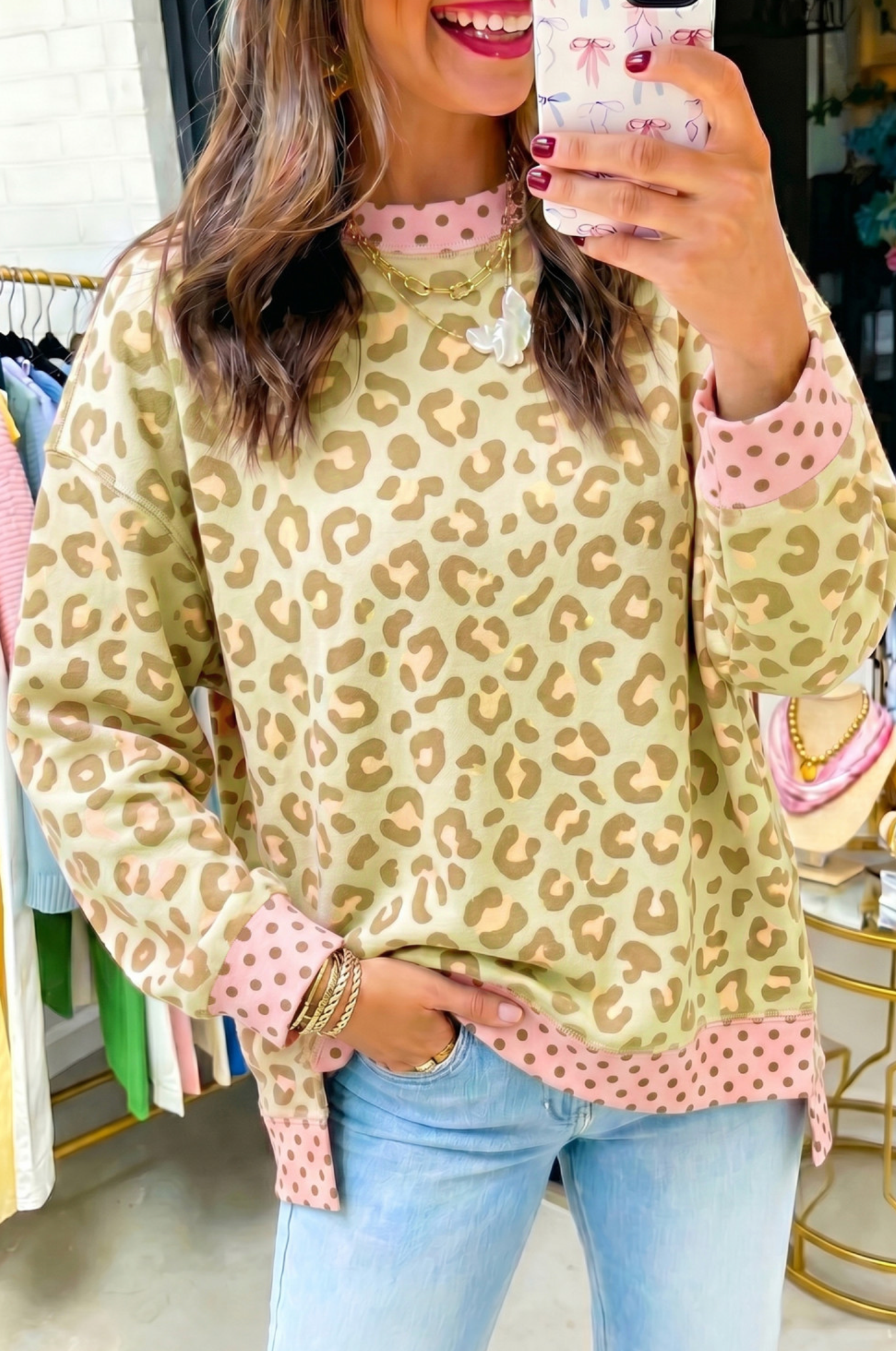 Khaki Leopard Polka Dot Colorblock Trim Long Sleeve Top