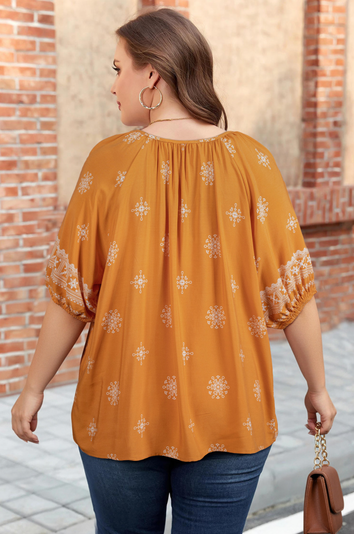 Yellow Boho Chic Notched V Neck Plus Floral Short Sleeve Top