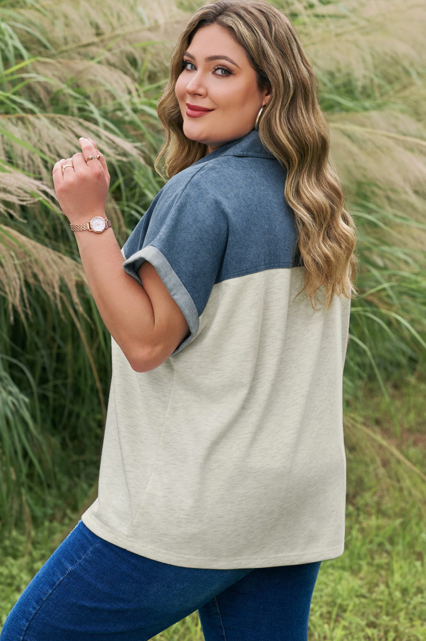 Light Grey Half Buttons Collared Denim Patchwork Plus Short Sleeve Top