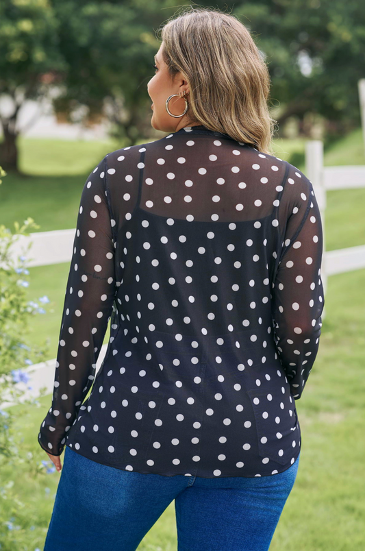 Black Plus Size Mock Neck Polka Dot Long Sleeve Mesh Top