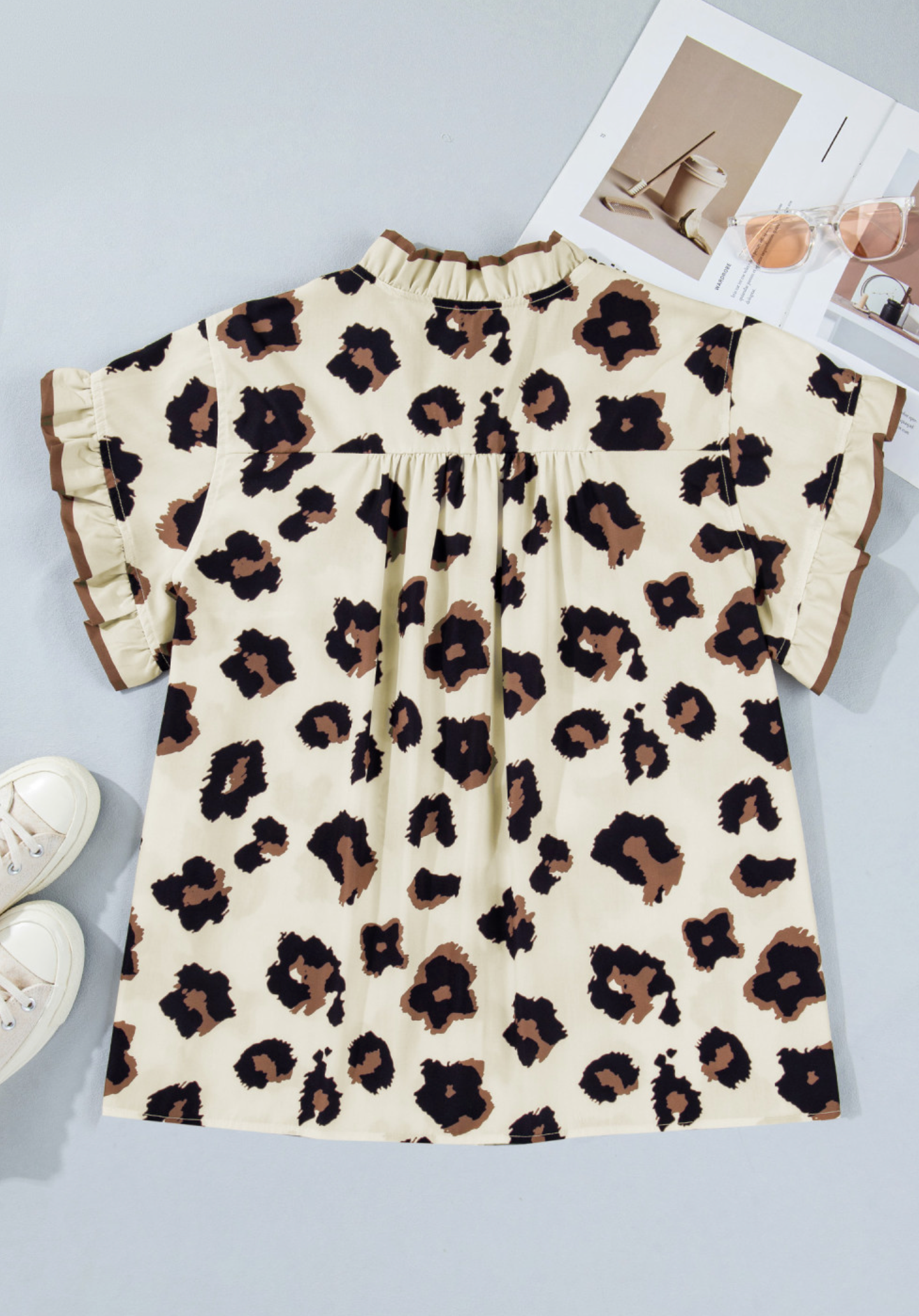Khaki Plus Size Leopard Print Frilled Color Block Trim Button Down Short Sleeve Blouse