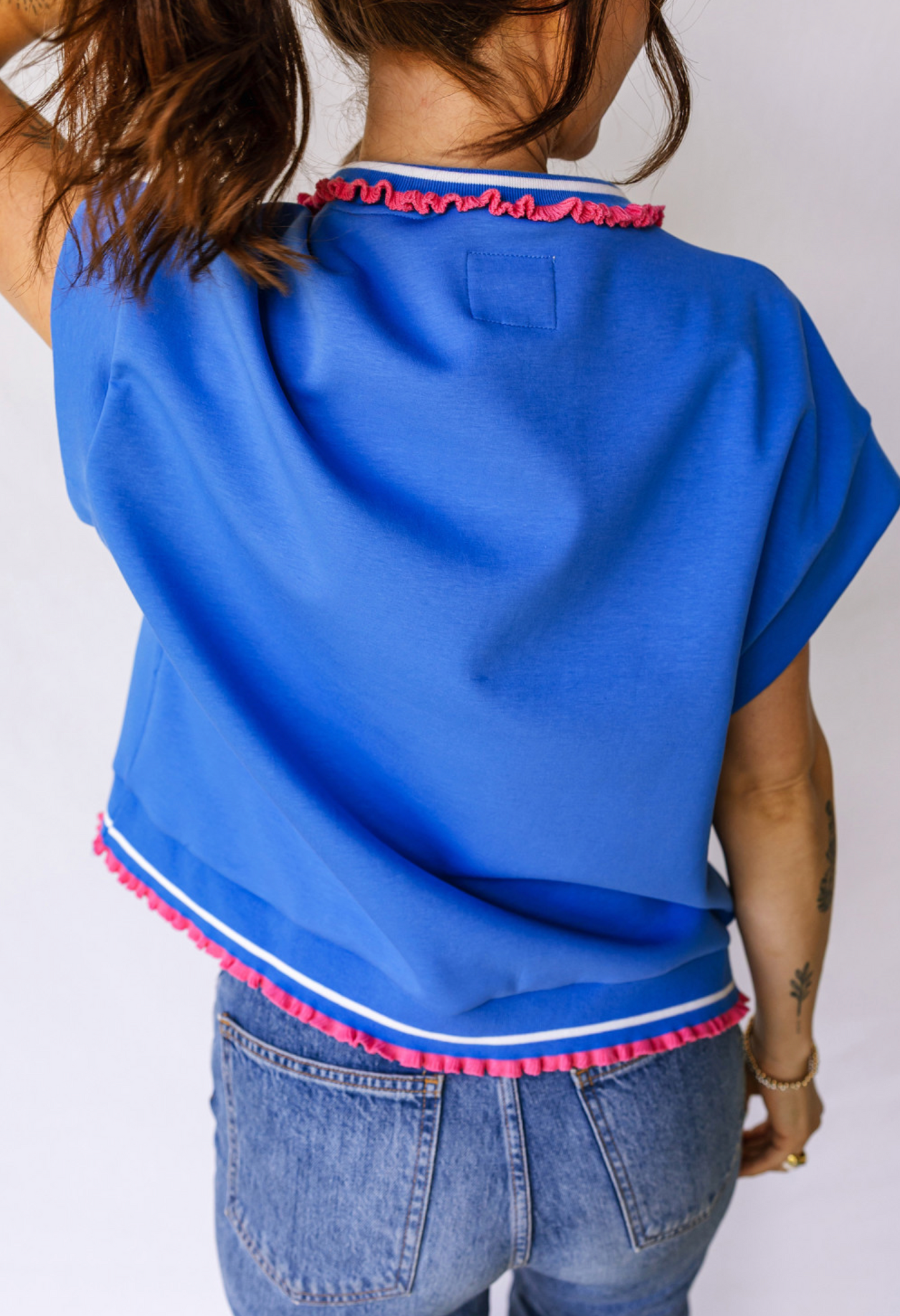 Sky Blue Contrast Frilled Trim Button Collared Short Sleeve Knit Top
