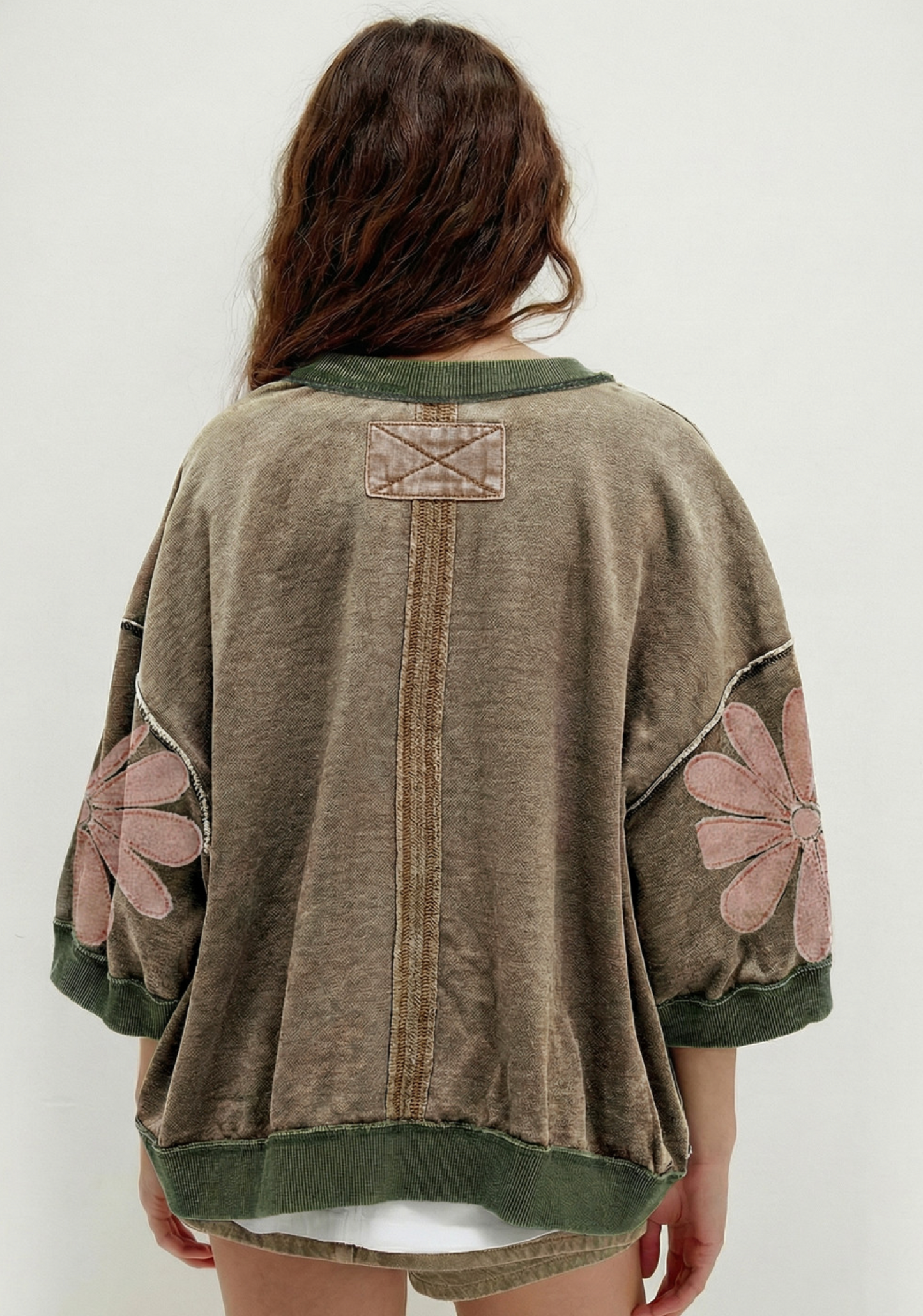 Breen Mineral Wash Raw Seam Patchwork Flower Patched 3/4 Sleeve Oversize Top