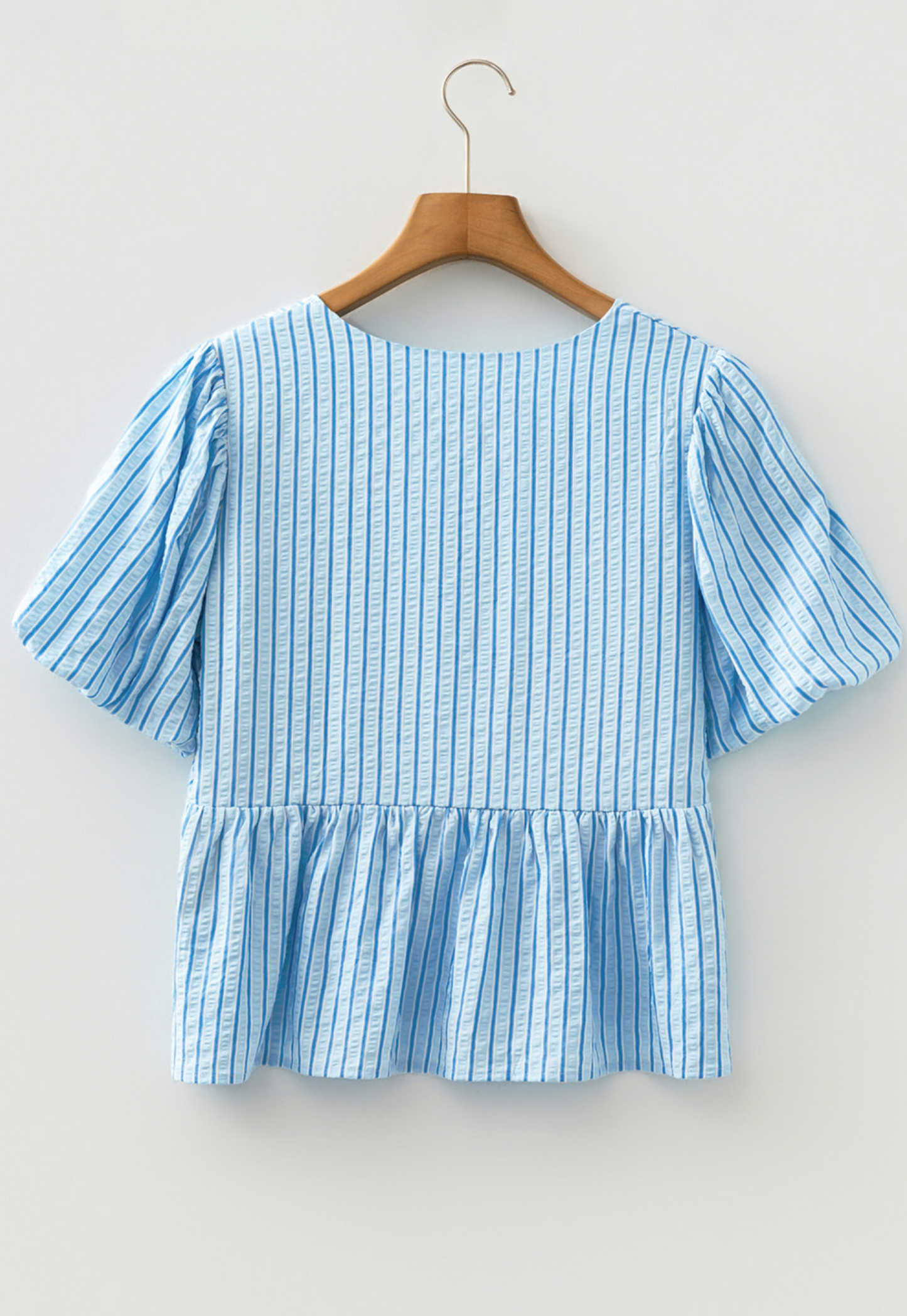 Sky Blue Stripe Bow Knot Textured Short Puff Sleeve Babydoll Blouse