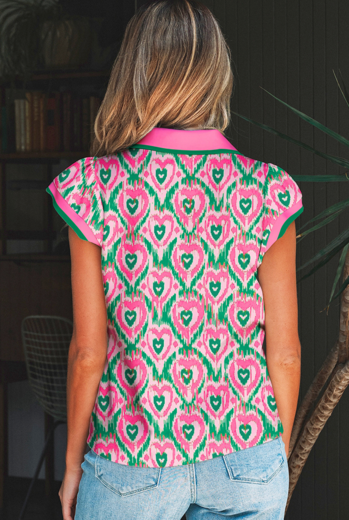 Green Abstract Heart In Heart Print Striped Trim Polo Collar Short Sleeve Blouse