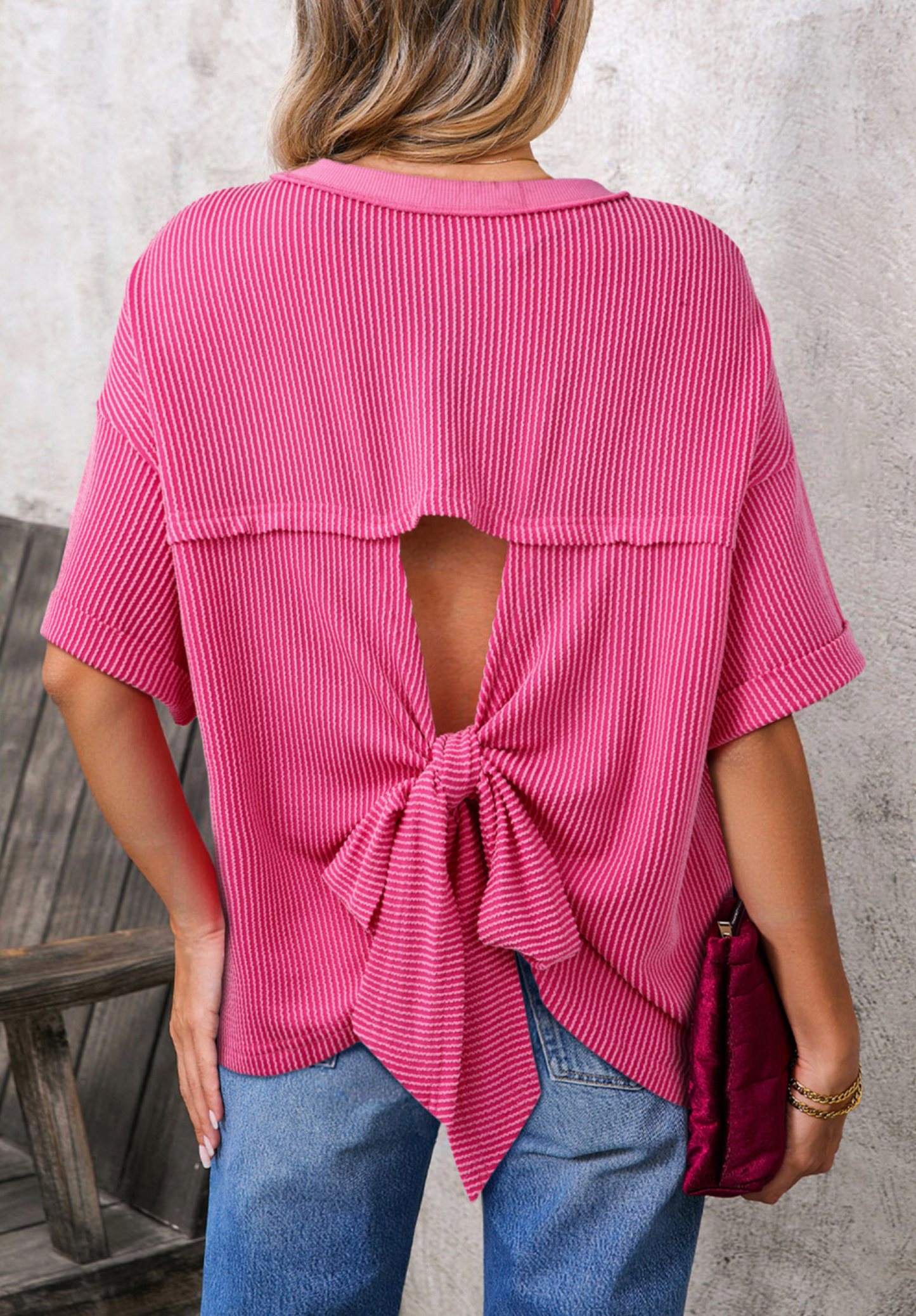Pink Spiral Ribbed Cutout Bow Knot Back Oversize T Shirt